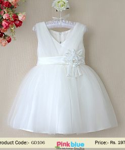 Baby Girl Knee Length White Dress With Rose Flower