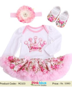 Princess Crown First Birthday Outfit Pink Flower One Piece Romper Tutu
