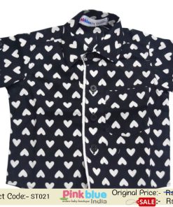 Newborn Boy Black Short Sleeve Cotton Shirt with Hearts Print