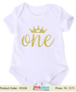 Newborn Infant Baby Girl First Birthday Onesie Bodysuit Gold Glitter One