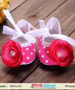 Fabulous Toddler Baby Girl Shoes in Pink with White Dots and Flower Bow