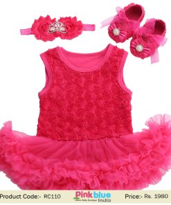 Rosette Flowers Pattern Baby Girls One Piece Romper Dress Clothes Set India