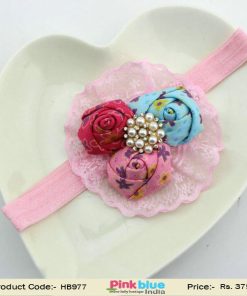 Pink Baby Hair Band with Three Printed Flowers