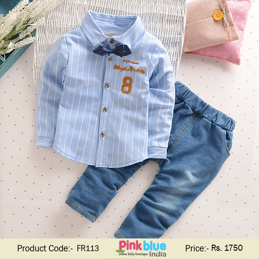 Kids Bow Tie with Blue Shirt and Denim Jeans for 6 - 24 Months Babies
