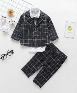 Boys Formal Wear 4 Pcs Set – Black Blazer/Pants, Romper Shirt