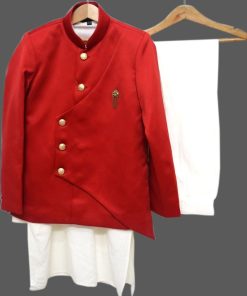 Kids Royal Red Jacket with kurta pajama in off-white Online