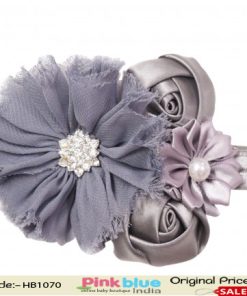 Classy Grey Infant Headband with Flowers in Satin and Net