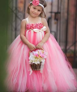 Designer Pink and White Flower Party Tutu Dress for Girls with Headband