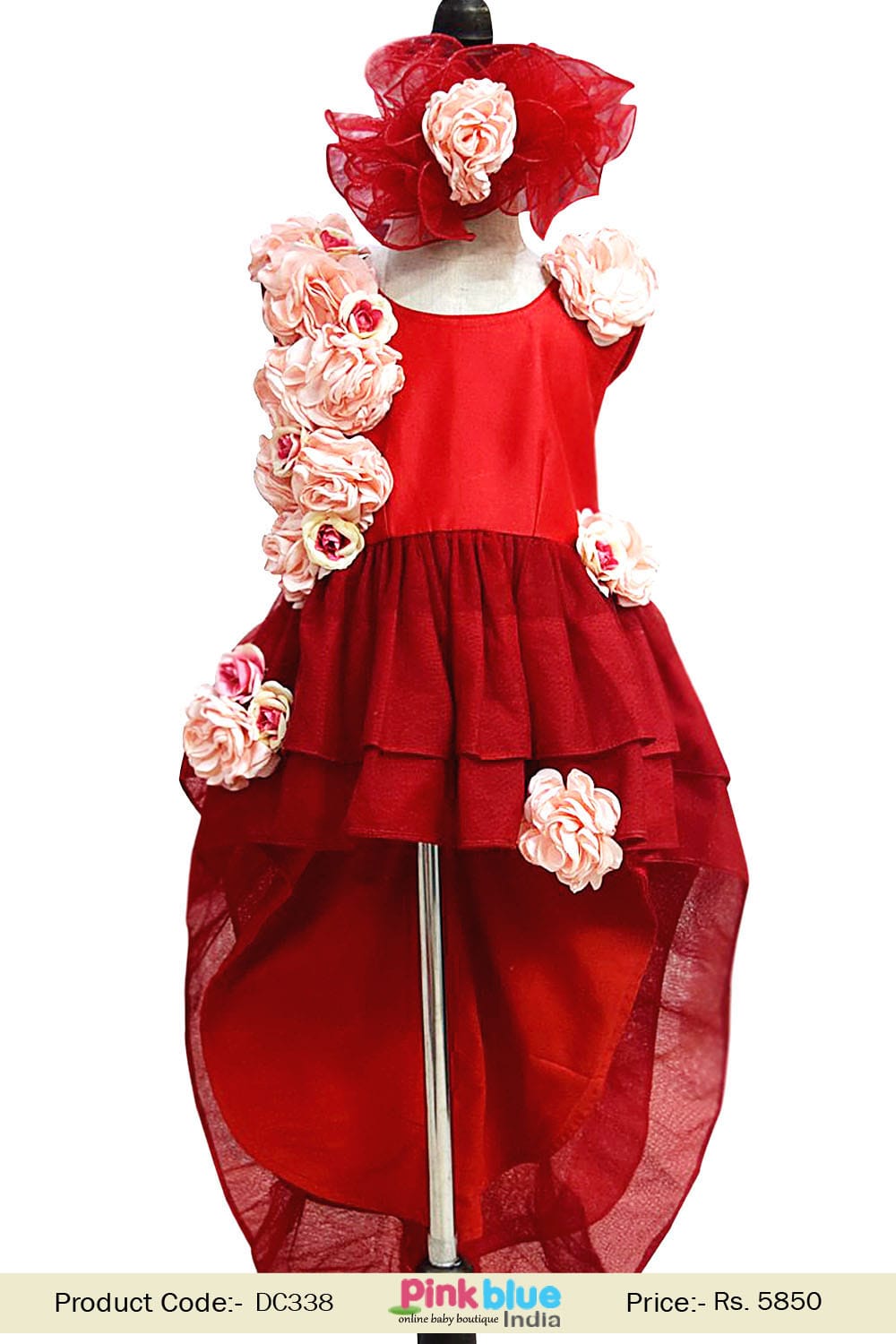 Red Little Girl High Low Pageant Dress | 1st Birthday Couture Dress