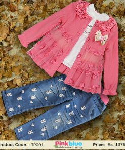 3 Piece Set of Salmon Pink Top with White Inner and Blue Jeans for Girls