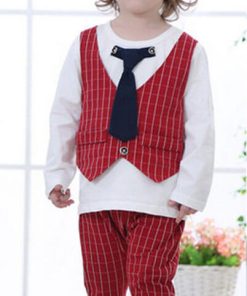 Smart Boys T-shirt Tie with Attached Waistcoat and Red Trouser