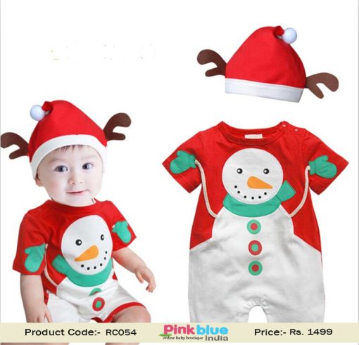 Smart Red and White Snowman Baby Boy Rompers with Cap in India