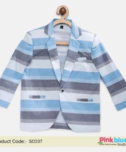 Stylish Grey and Blue Striped Party Blazer for Little Boy