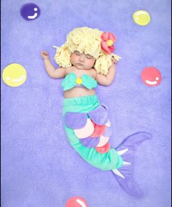 Sky Blue, Purple and Yellow Three Piece Mermaid  Baby Photo Prop with Wig