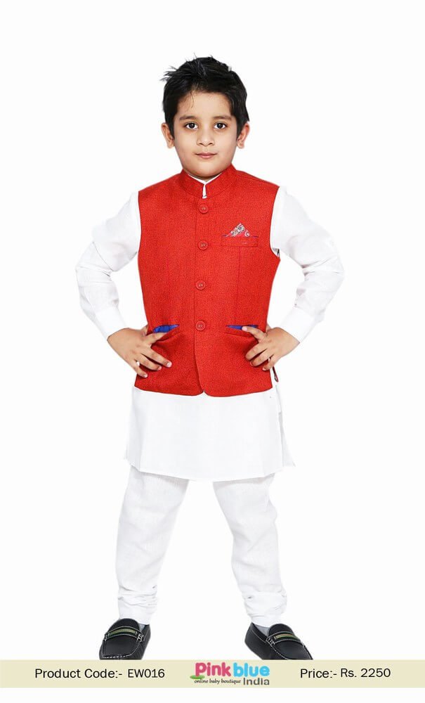 Elegant White Ethnic Kurta Pyjama with Red Waist Coat for Kids in India