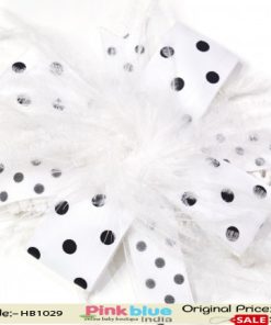 Beautiful White Ribbon and Feather Hair Clip with Black Dots for Kids