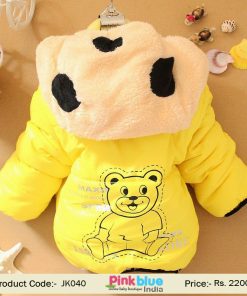 Bright Yellow Bunny Winter Jacket with Animal Print Hood Indian Toddlers