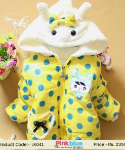 Buy Online Bright Yellow Winter Jacket with White Hood and Polka Dots